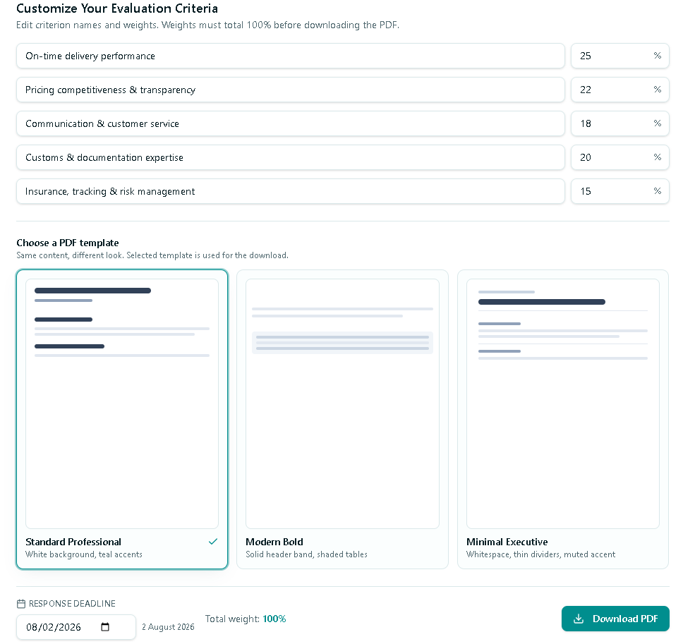 how to write a freight rfp — evaluation criteria screenshot