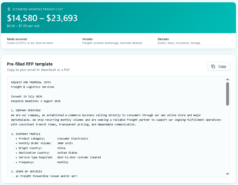 freight quote tool showing cost estimate and generated RFP preview
